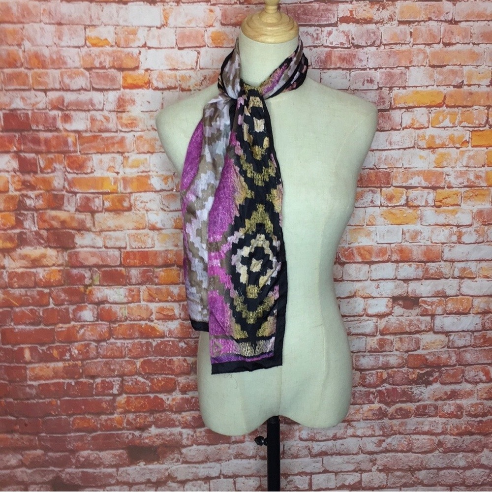 Adrienne Landau Studio Purple and Black Geometric Print Silk Scarf